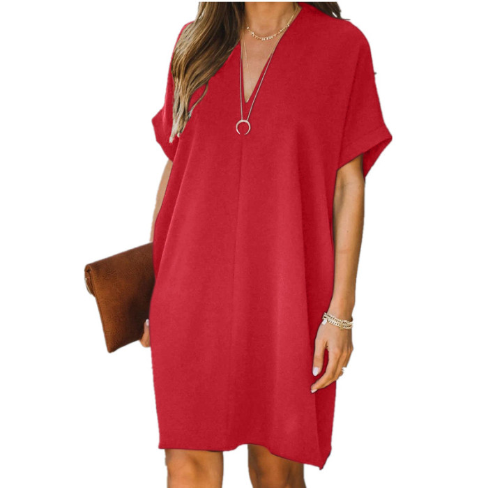 Summer Fashion Casual Loose V Neck Vintage Mini Dress