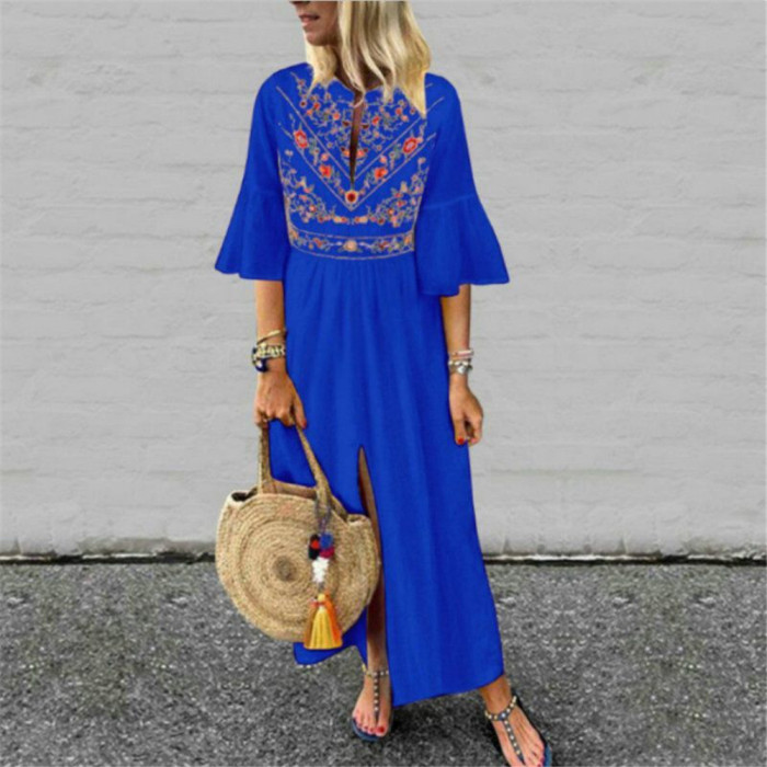 Fashion Ethnic Flare Sleeve Loose Casual Printed Elegant  Maxi Dress