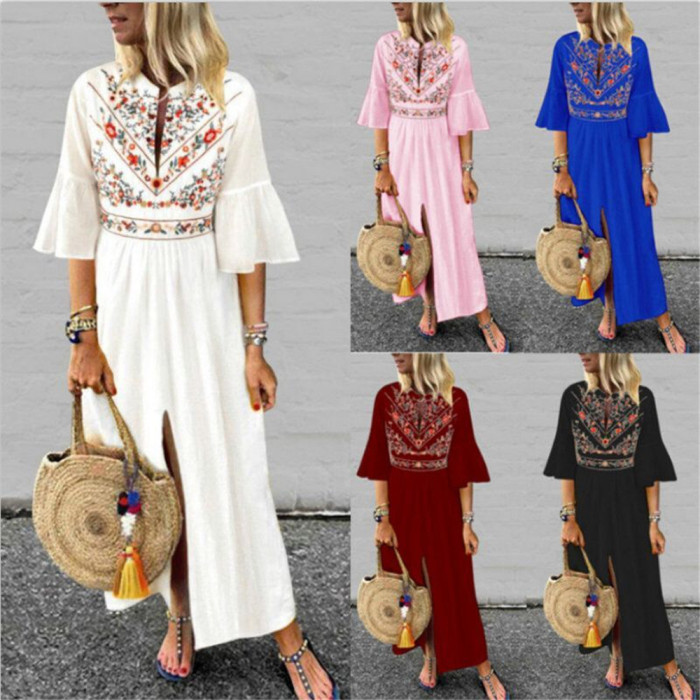 Fashion Ethnic Flare Sleeve Loose Casual Printed Elegant  Maxi Dress