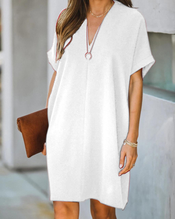 Summer Fashion Casual Loose V Neck Vintage Mini Dress
