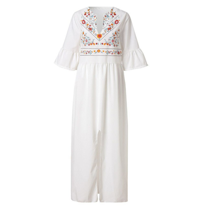Fashion Ethnic Flare Sleeve Loose Casual Printed Elegant  Maxi Dress