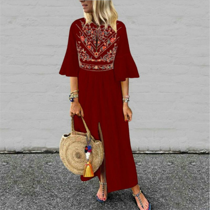 Fashion Ethnic Flare Sleeve Loose Casual Printed Elegant  Maxi Dress