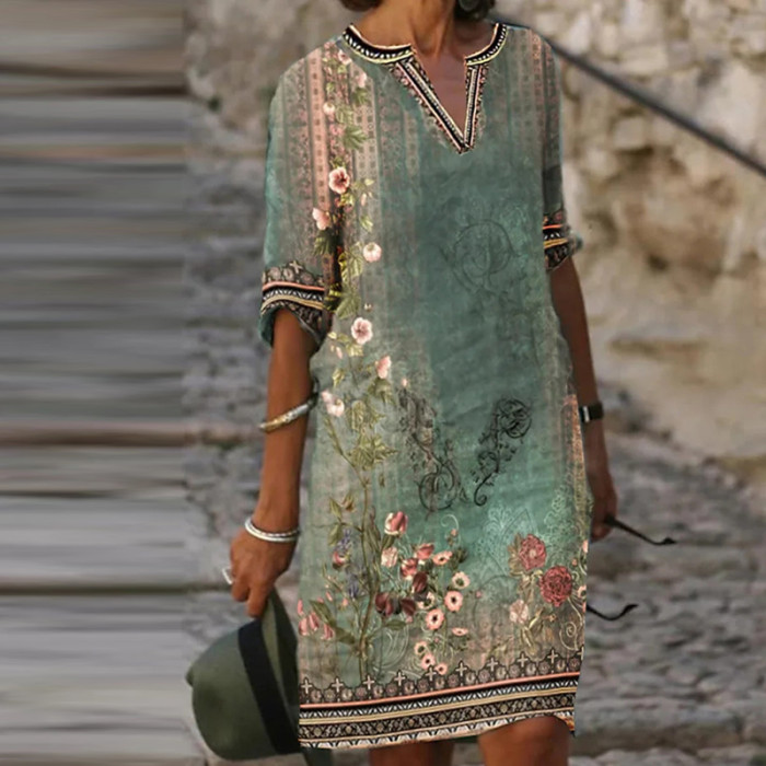 Vintage Pattern Fashion Mini Ethnic Print Casual V-Neck Dress