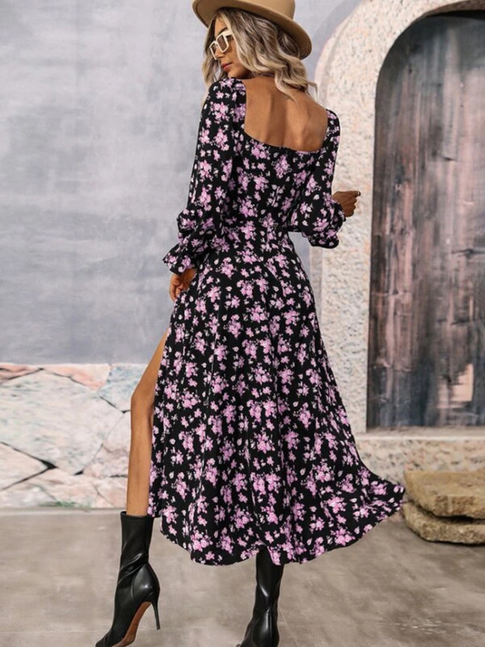 Sexy Retro Print Lace Up Holiday Fashion Long Sleeve High Waist Maxi Dress