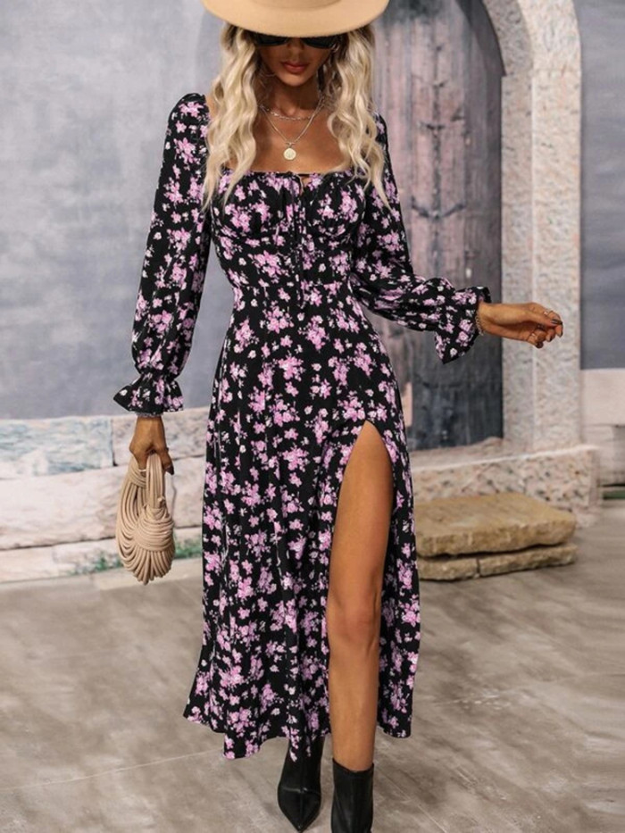 Sexy Retro Print Lace Up Holiday Fashion Long Sleeve High Waist Maxi Dress