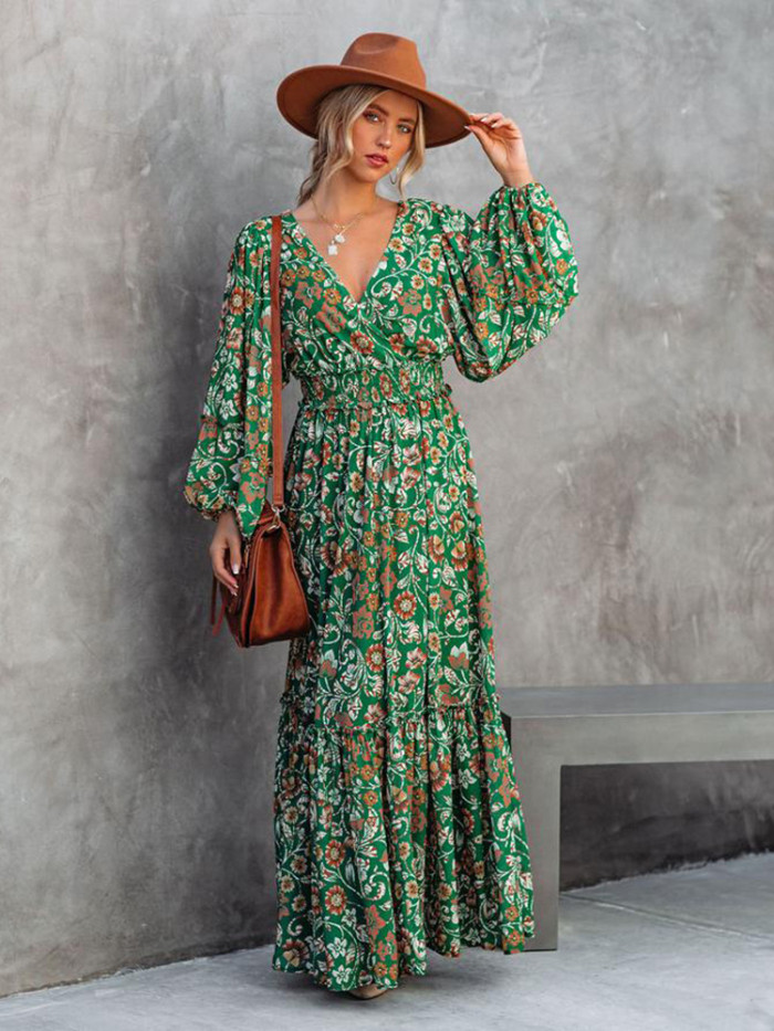 Fashion Sexy Floral V Neck Long Sleeve Maxi Dress