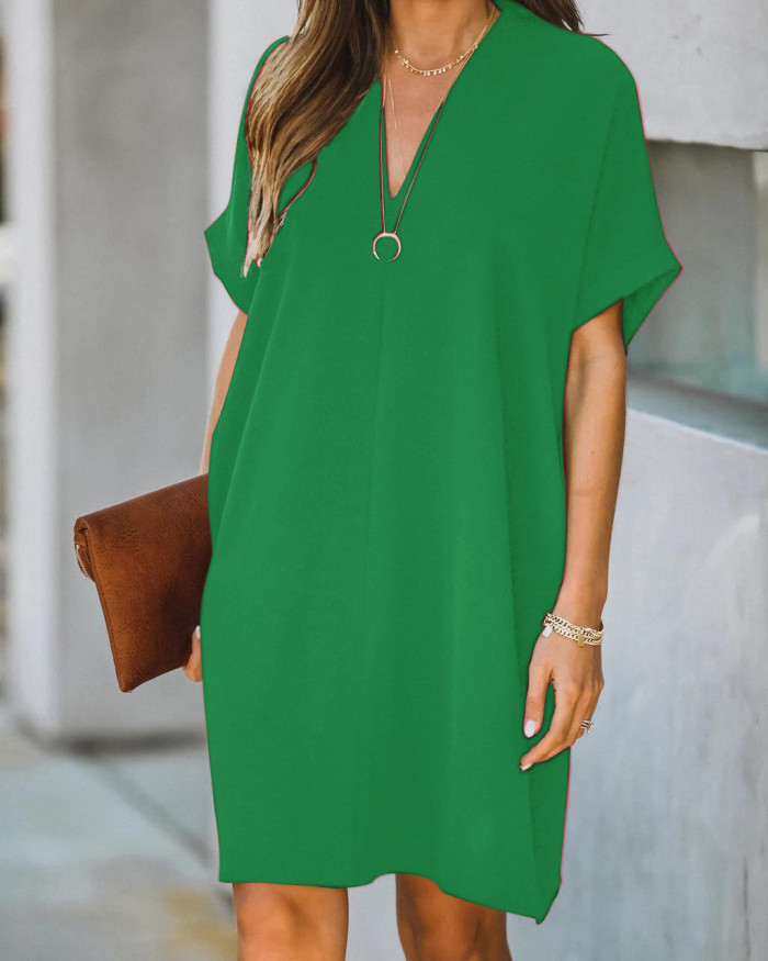 Summer Fashion Casual Loose V Neck Vintage Mini Dress
