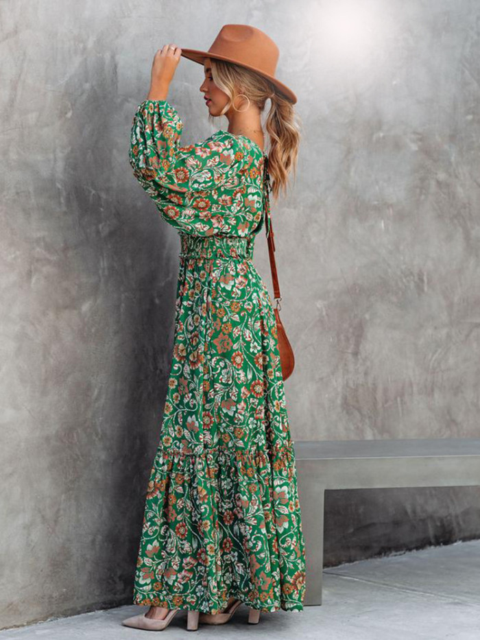 Fashion Sexy Floral V Neck Long Sleeve Maxi Dress