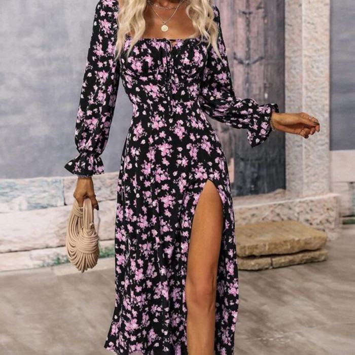Sexy Retro Print Lace Up Holiday Fashion Long Sleeve High Waist Maxi Dress