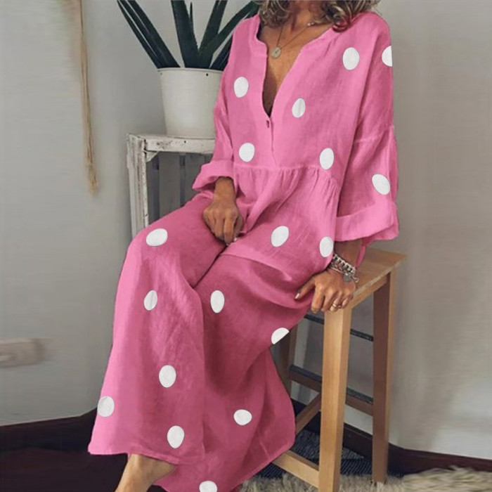 Casual Deep V Neck Vintage Long Sleeve Polka Dot Loose Maxi Dress
