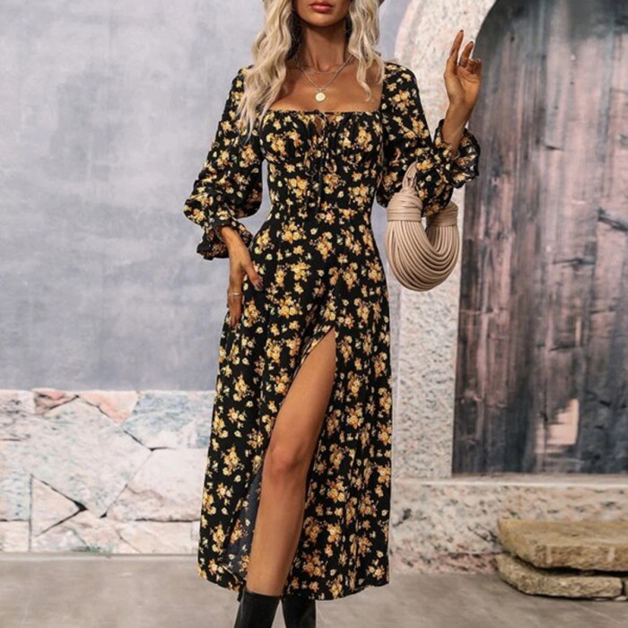 Sexy Retro Print Lace Up Holiday Fashion Long Sleeve High Waist Maxi Dress