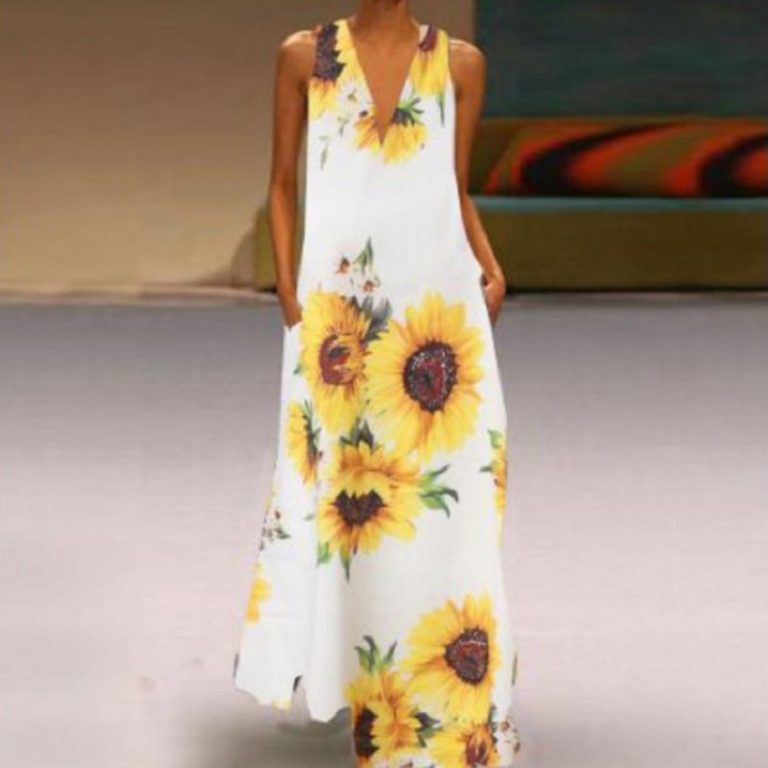 Boho Casual V Neck Pocket Sleeveless Print Loose  Maxi Dress