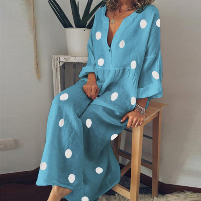 Casual Deep V Neck Vintage Long Sleeve Polka Dot Loose Maxi Dress