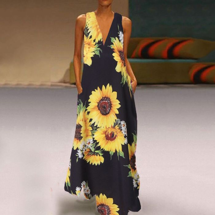 Boho Casual V Neck Pocket Sleeveless Print Loose  Maxi Dress
