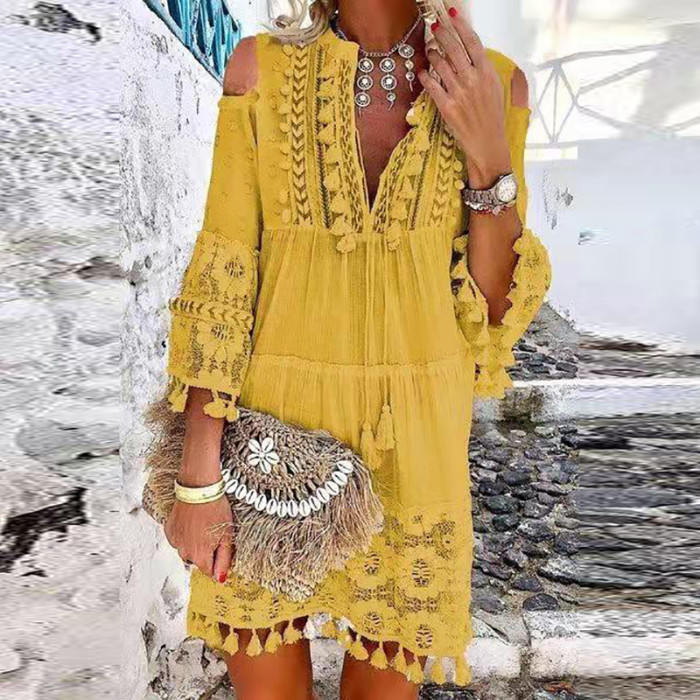 Vintage Print V Neck Tassel Mini Casual Loose Party Dress