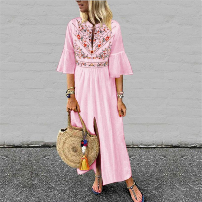 Fashion Ethnic Flare Sleeve Loose Casual Printed Elegant  Maxi Dress