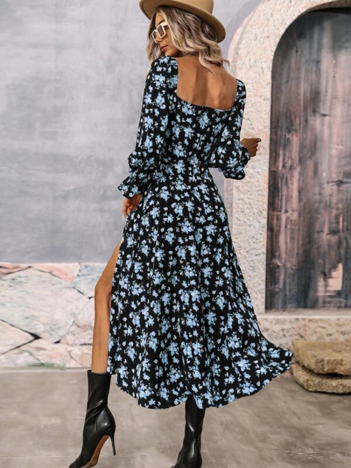 Sexy Retro Print Lace Up Holiday Fashion Long Sleeve High Waist Maxi Dress