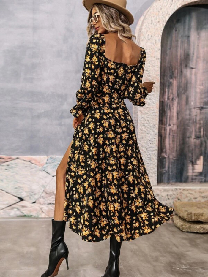 Sexy Retro Print Lace Up Holiday Fashion Long Sleeve High Waist Maxi Dress