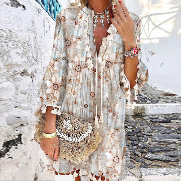 Vintage Print V Neck Tassel Mini Casual Loose Party Dress