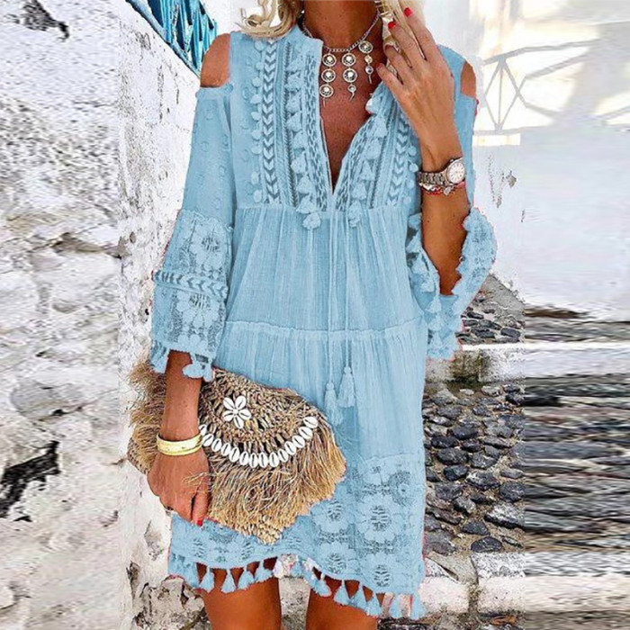 Vintage Print V Neck Tassel Mini Casual Loose Party Dress