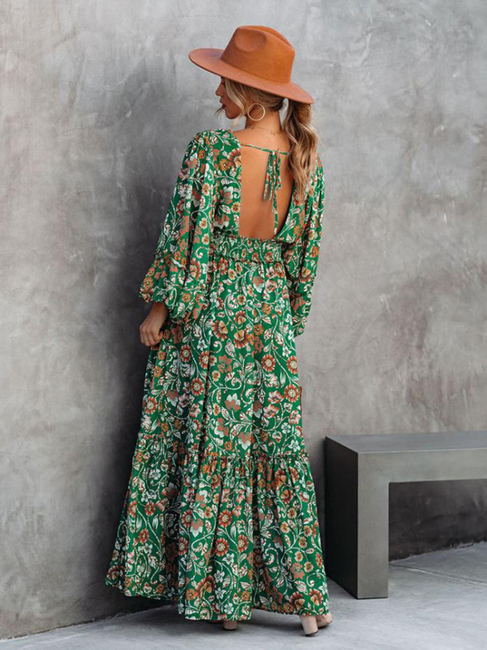 Fashion Sexy Floral V Neck Long Sleeve Maxi Dress