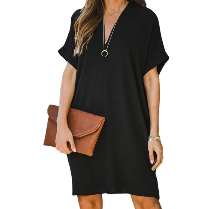 Summer Fashion Casual Loose V Neck Vintage Mini Dress