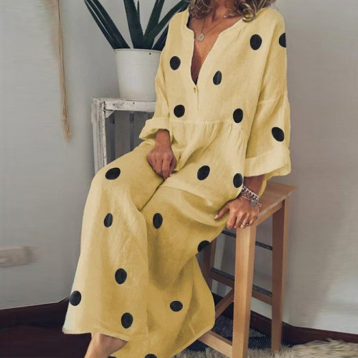 Casual Deep V Neck Vintage Long Sleeve Polka Dot Loose Maxi Dress