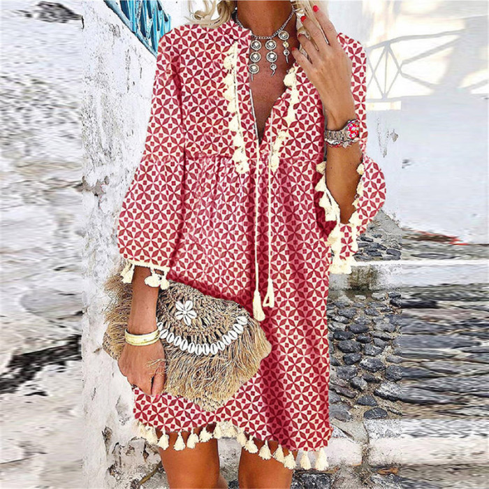 Vintage Print V Neck Tassel Mini Casual Loose Party Dress