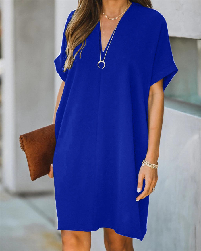Summer Fashion Casual Loose V Neck Vintage Mini Dress