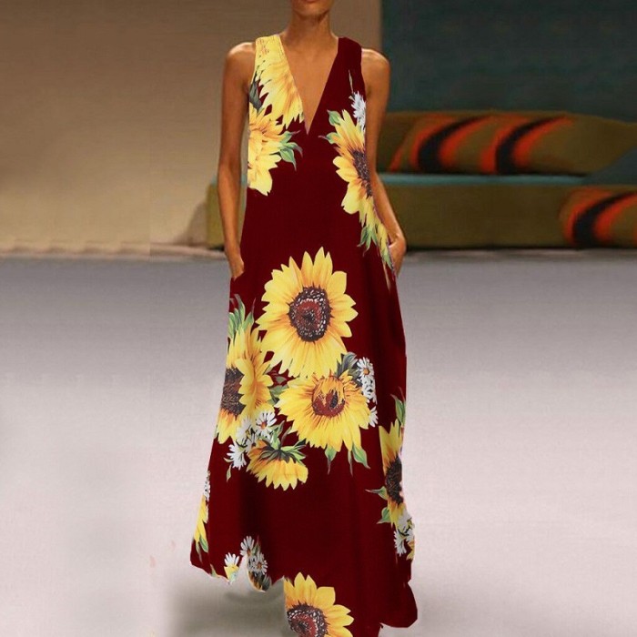 Boho Casual V Neck Pocket Sleeveless Print Loose  Maxi Dress