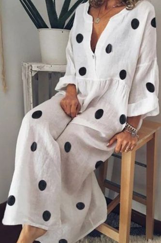 Casual Deep V Neck Vintage Long Sleeve Polka Dot Loose Maxi Dress