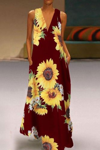 Boho Casual V Neck Pocket Sleeveless Print Loose  Maxi Dress