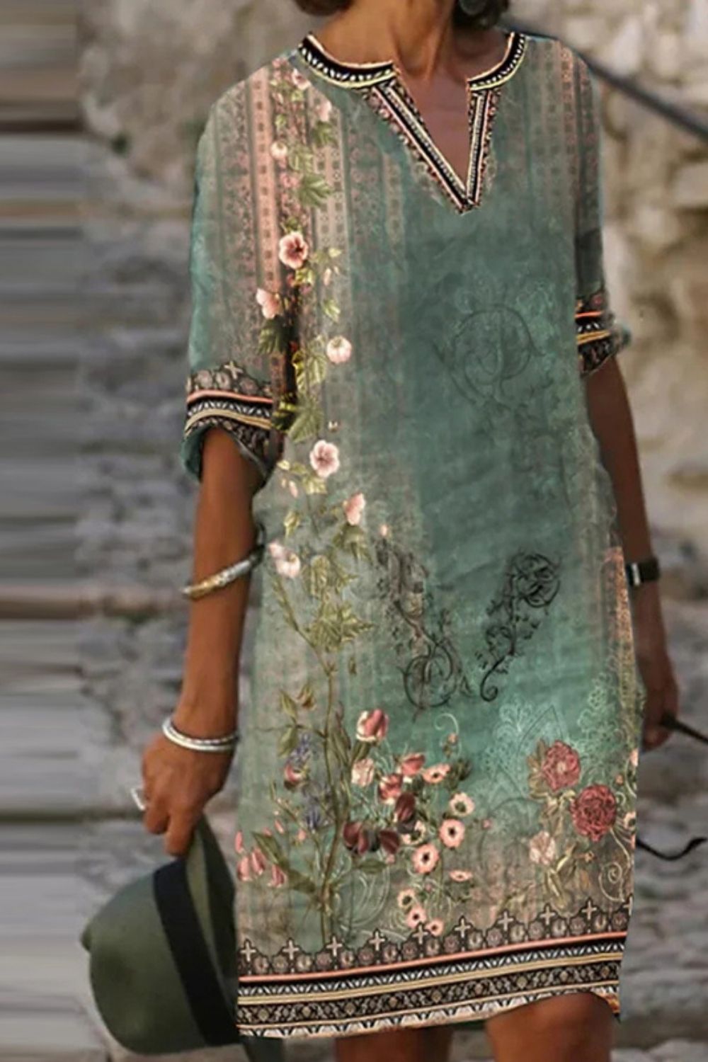 Fashion Vintage Print Patchwork V Neck Printed Dress Dresses(5 Colors)