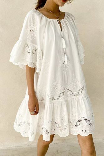 Summer Loose White Lace Hollow Embroidery Bohemian Wedding Guest Dress