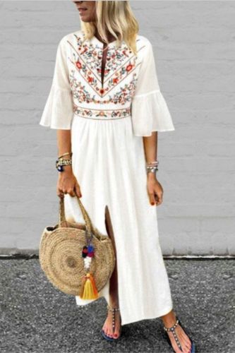 Fashion Ethnic Flare Sleeve Loose Casual Printed Elegant  Maxi Dress