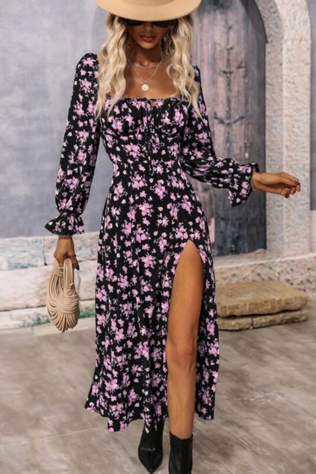 Sexy Retro Print Lace Up Holiday Fashion Long Sleeve High Waist Maxi Dress