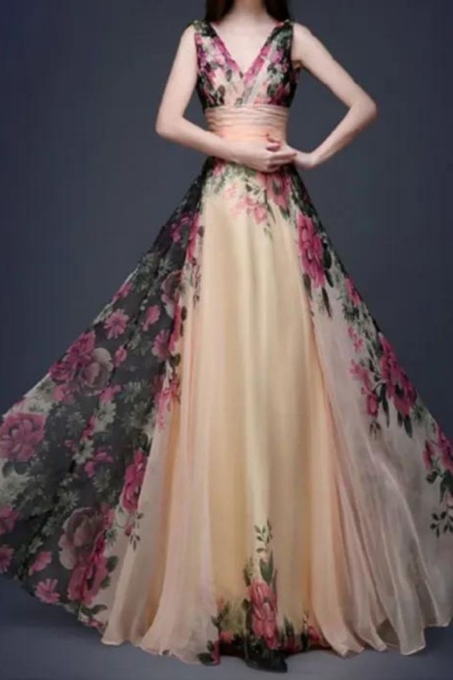 Floral Print V Neck Sleeveless High Waist Slim  Wedding Guest Dress