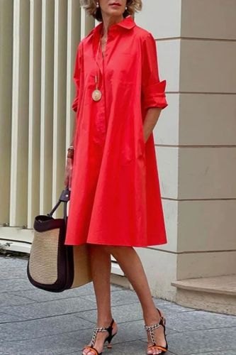 Women's Casual Solid Color Bohemian Loose Pocket Lapel Shirt Long Dress