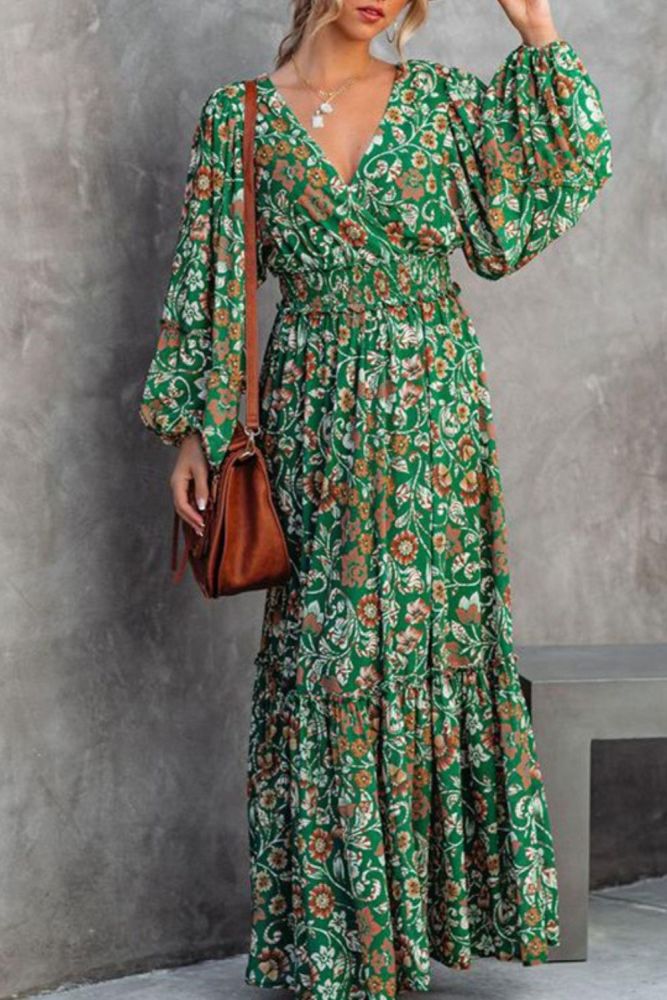 Fashion Sexy Floral V Neck Long Sleeve Maxi Dress
