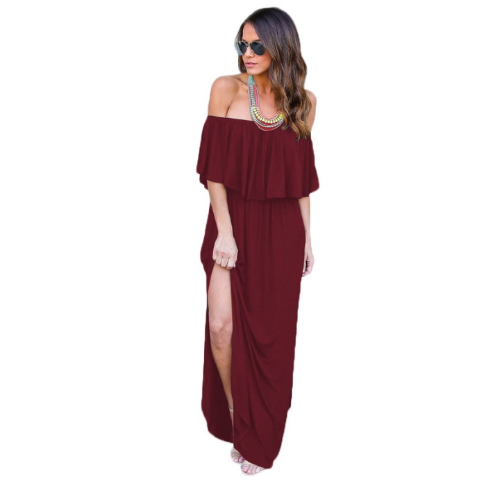 Sexy Elegant Ruffled Strapless Slit Solid Color Stretch  Maxi Dress