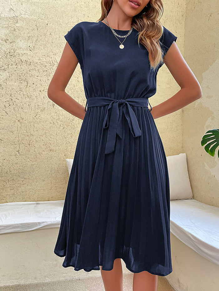 Fashion Elegant Beach Pleated Solid Color Open Collar Casual Dress
