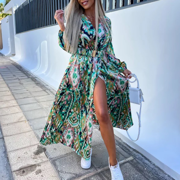 Women's Party Print Long Sleeve V Neck Fashion Elegant Slit  Maxi Dress