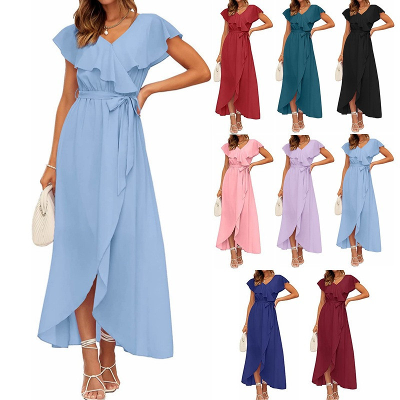Summer V Neck Fashionable Elegant Solid Color Ruffle Trim Irregular Maxi Dress