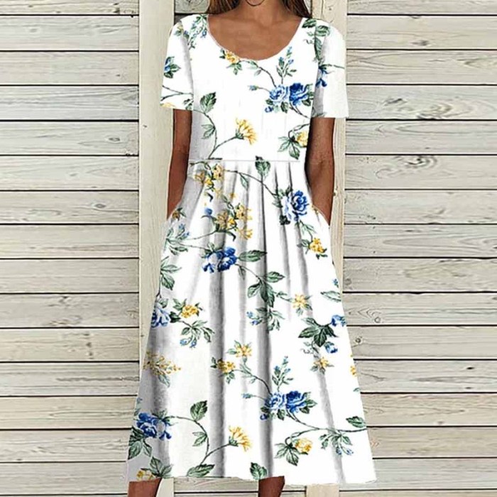 Bohemian O Neck Pocket Print Mini Loose Beach Casual Party Dress