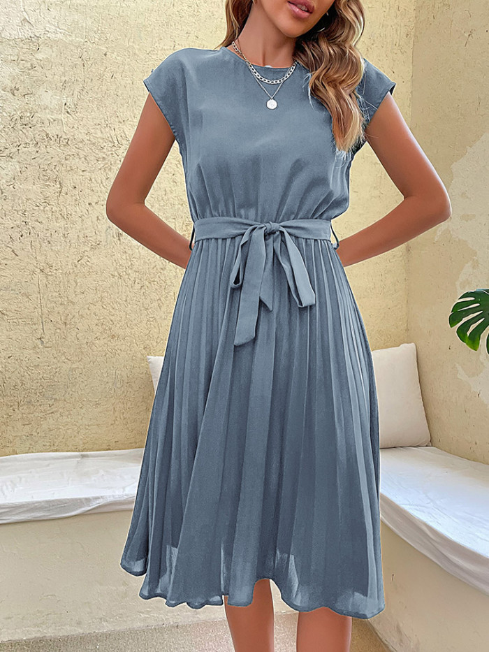 Fashion Elegant Beach Pleated Solid Color Open Collar Casual Dress