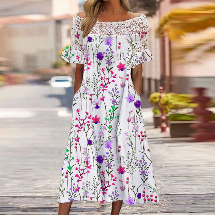 Embroidered Lace Elegant Off-Shoulder Printed A-Line Party Backless Casual Dress