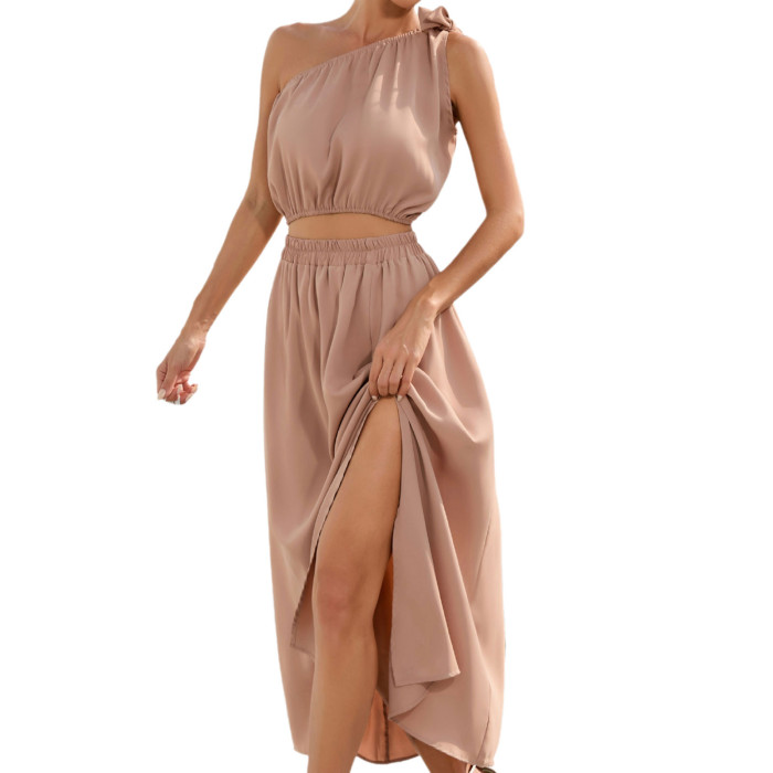 Summer Fashion One Shoulder Bow Knot Suit Slit Swing  Maxi Dress