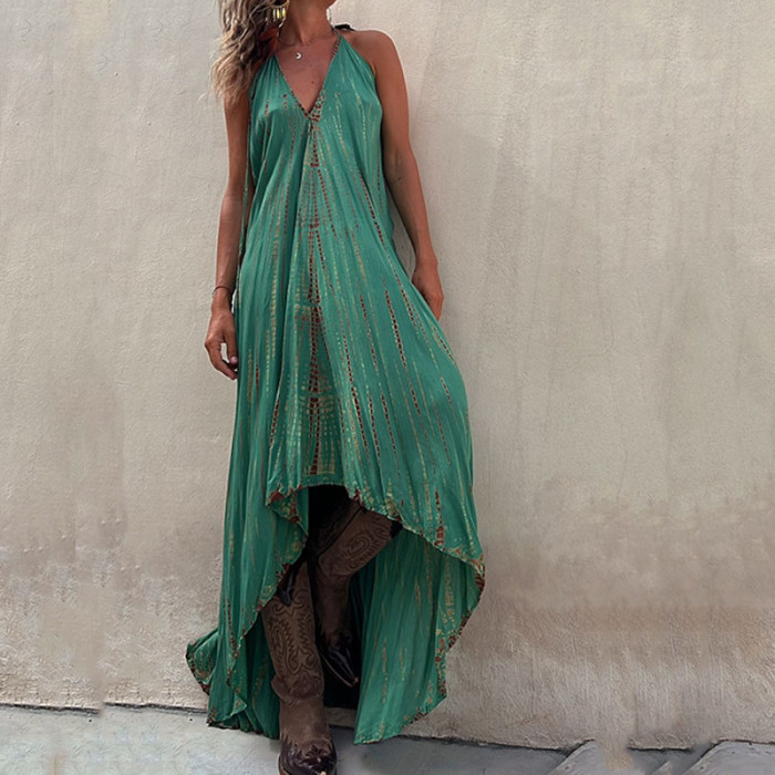 Vintage Print Loose Sleeveless Backless V-Neck A-Line Maxi Dress