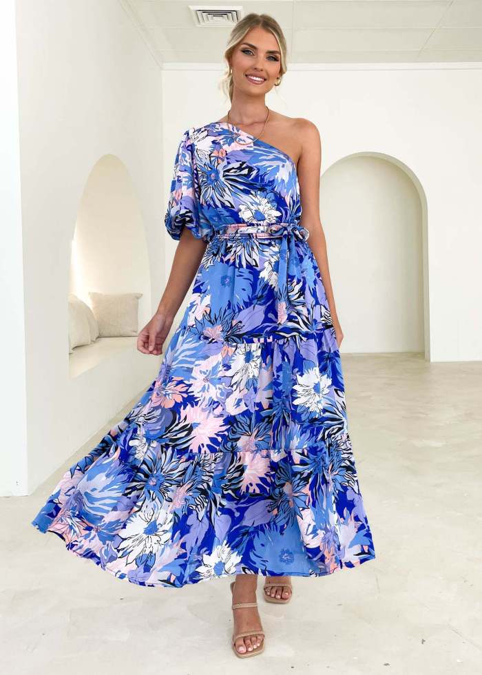 Fashion Sexy Off Shoulder Slash Neck Floral Elegant Party A-Line  Maxi Dress