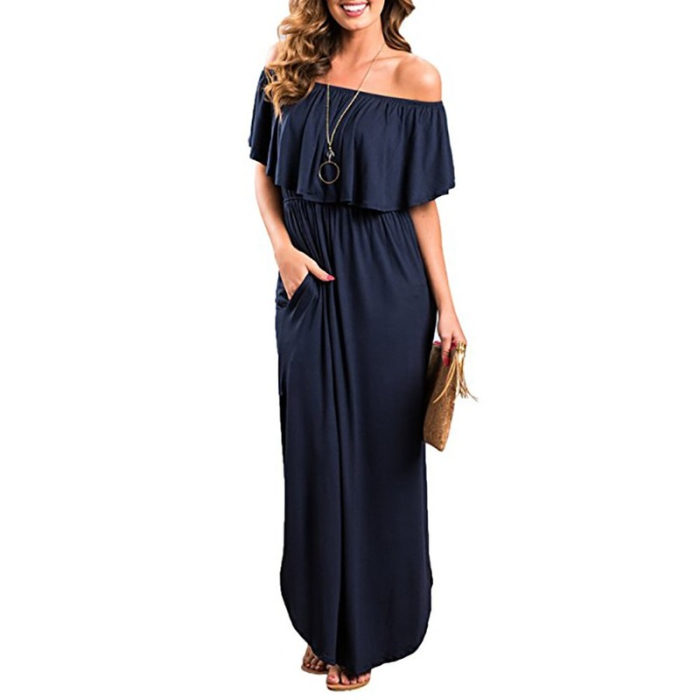 Sexy Elegant Ruffled Strapless Slit Solid Color Stretch  Maxi Dress